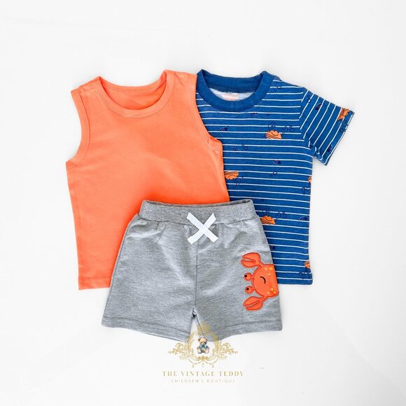 NWT Cute Boys 3 Piece Matching Set T-shirts & Shorts Crab Blue & Orange 24M - Picture 1 of 2